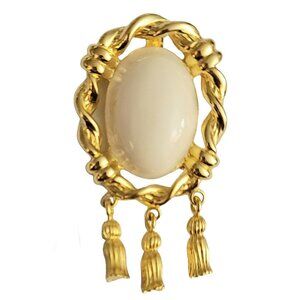 Ivana Gold Tone White Enamel Cameo Style Tassel Dangle Brooch, Signed